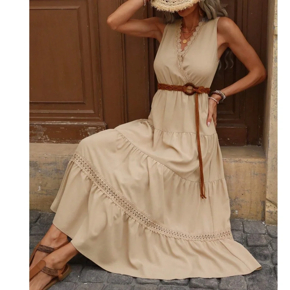 Boho Tan Surplice Sleeveless Ruffle Hem Maxi Dress - Picture 4 of 7
